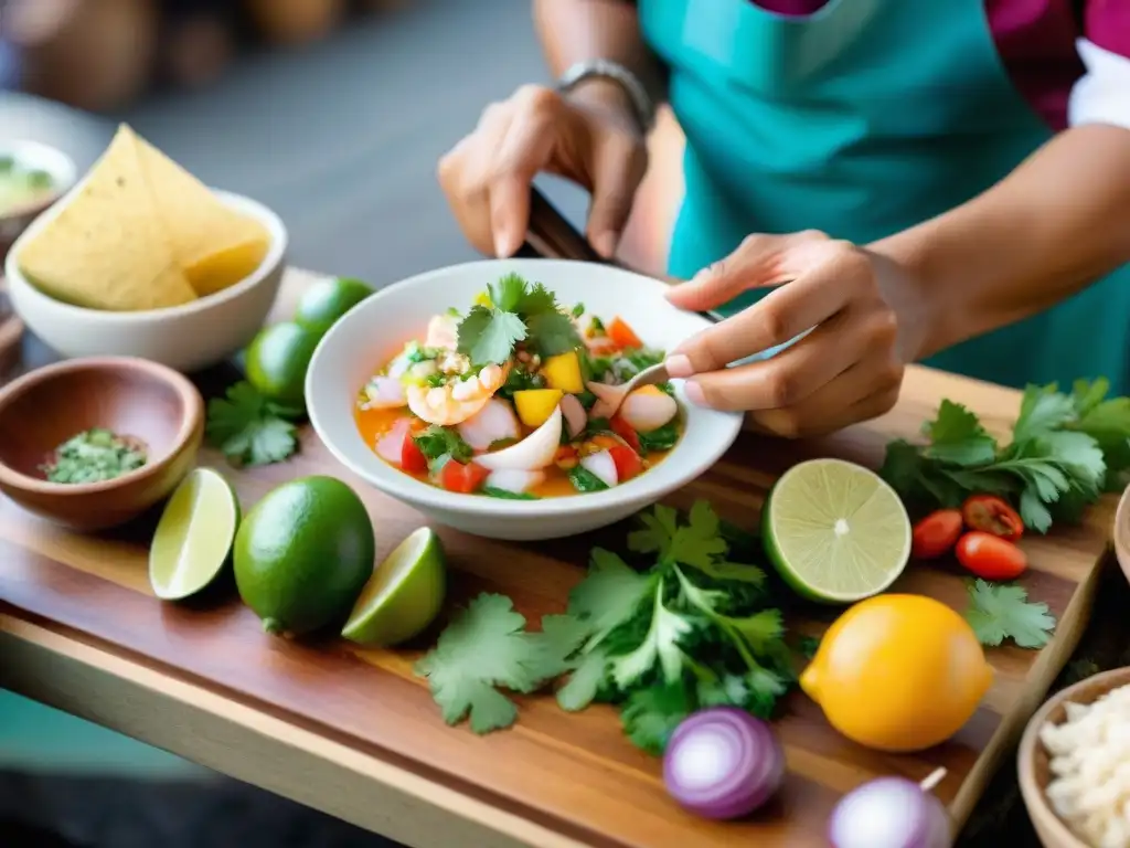 Un chef peruano preparando ceviche con destilados andinos para gastronomía peruana