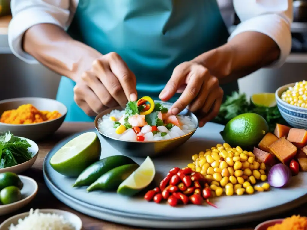 Un chef peruano prepara ceviche con destreza en una cocina vibrante, resaltando la gastronomía peruana platos tradicionales