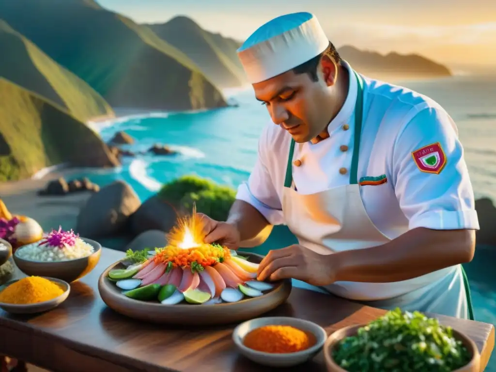 Un chef peruano prepara ceviche con destreza en un mercado tradicional al atardecer