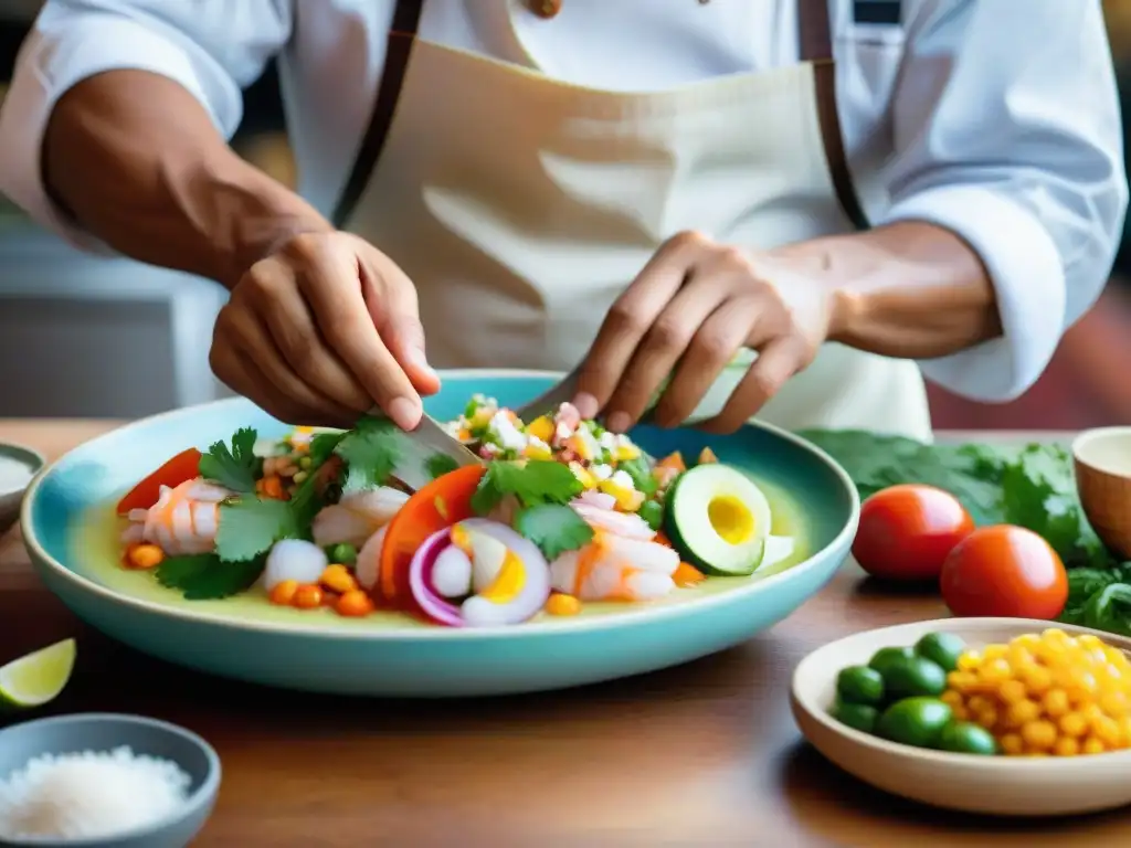 Un chef peruano preparando ceviche con destreza en una cocina tradicional