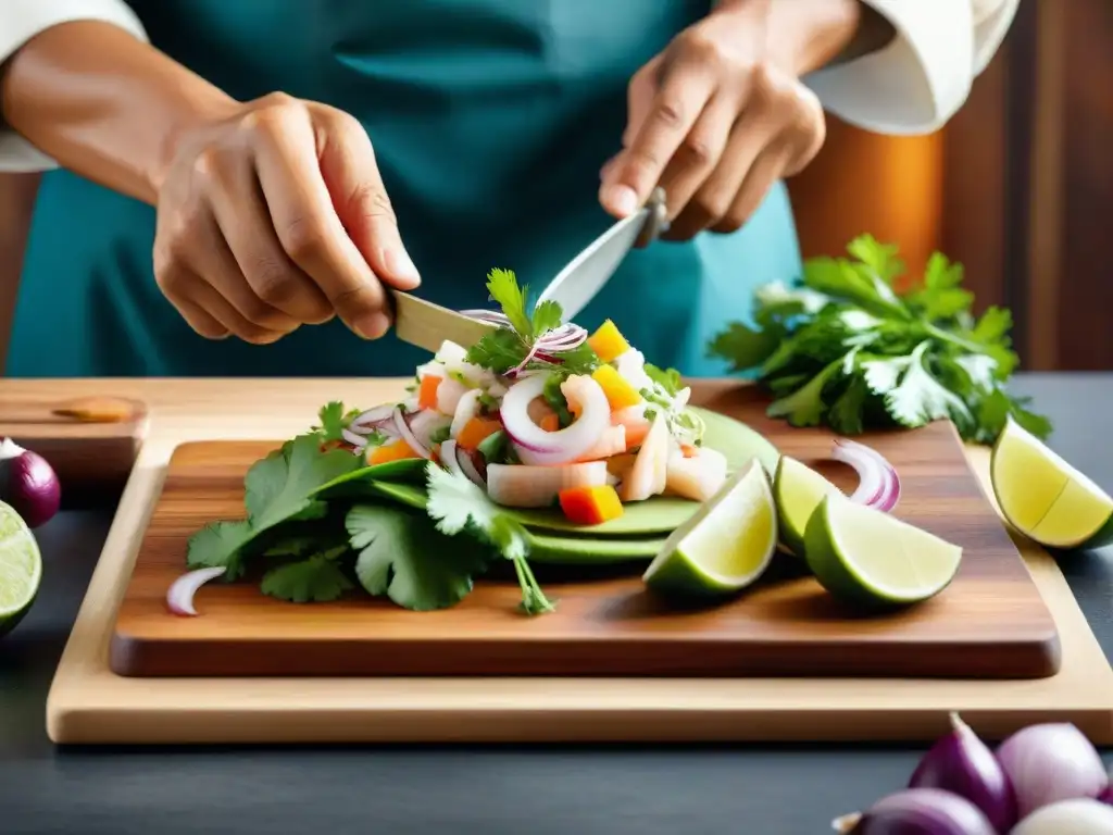 Un chef peruano preparando un ceviche con destreza, destacando los colores vibrantes de los ingredientes frescos