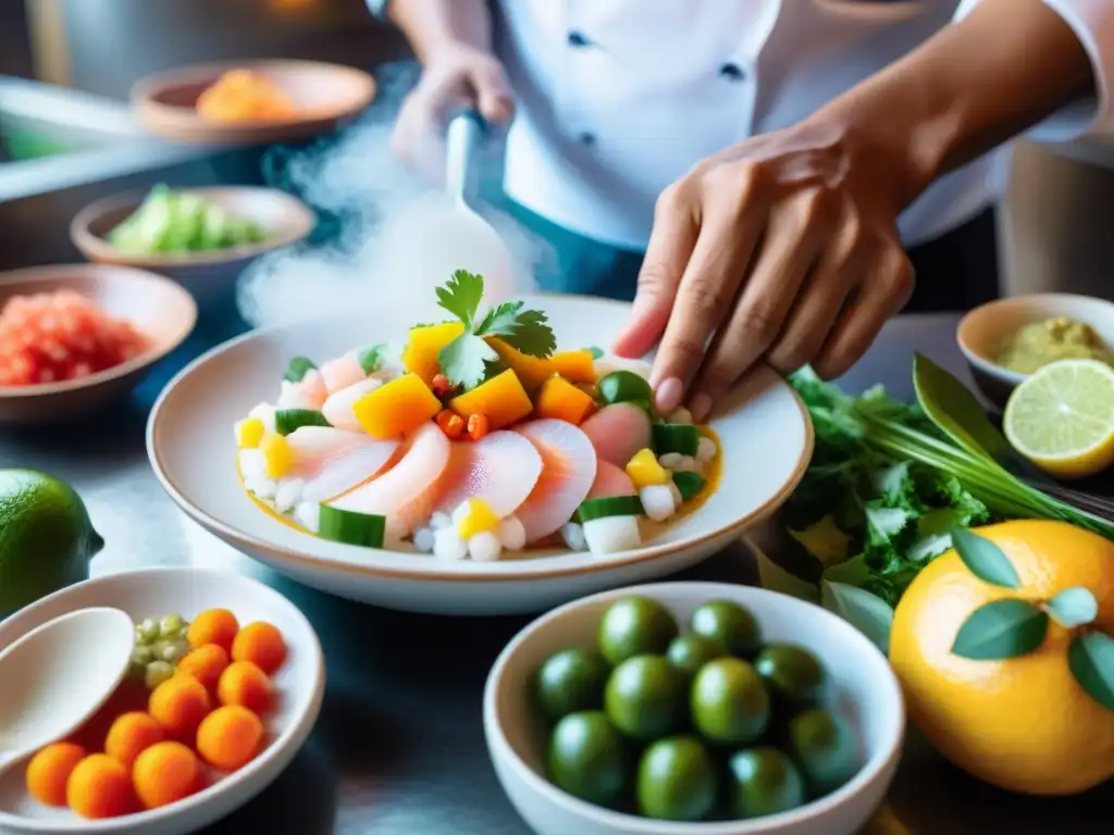 Un chef peruano preparando ceviche con destreza en Lima: Explorando gastronomía peruana en Lima