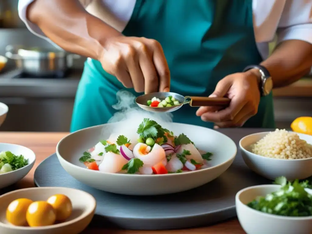 Un chef peruano prepara ceviche con destreza, resaltando la cultura culinaria peruana arte visual