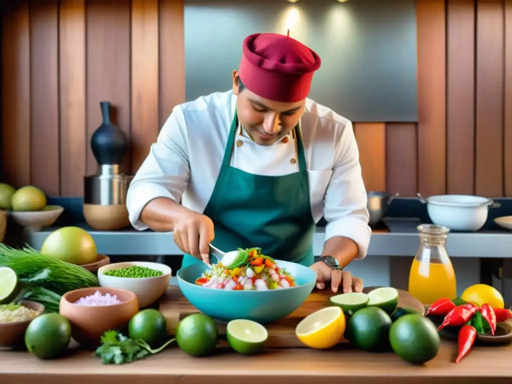 Chef peruano preparando ceviche con destreza en mercado tradicional