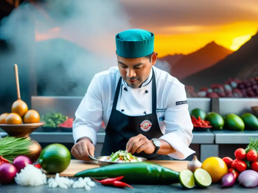 Chef peruano preparando ceviche con pasión y destreza, resaltando la gastronomía peruana