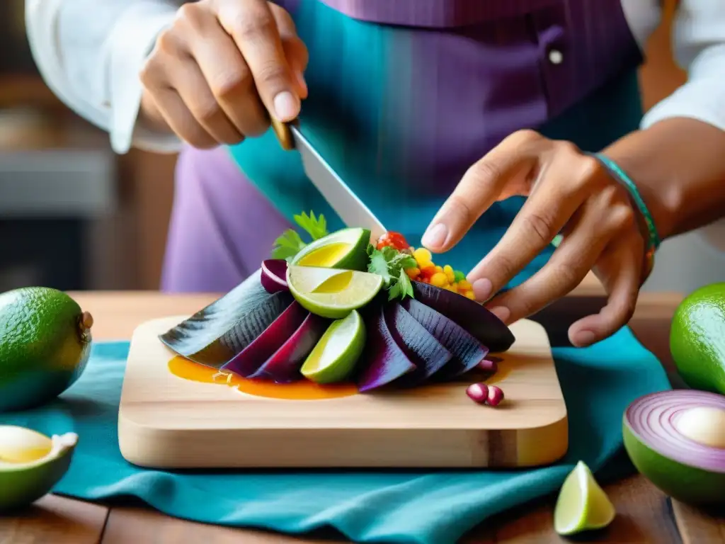 Chef peruano preparando ceviche con destreza en cocina tradicional