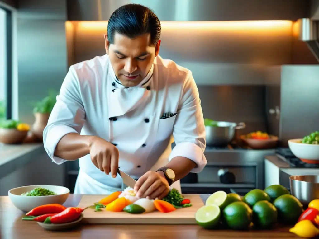 Un chef peruano preparando ceviche con destreza y pasión en una cocina bulliciosa