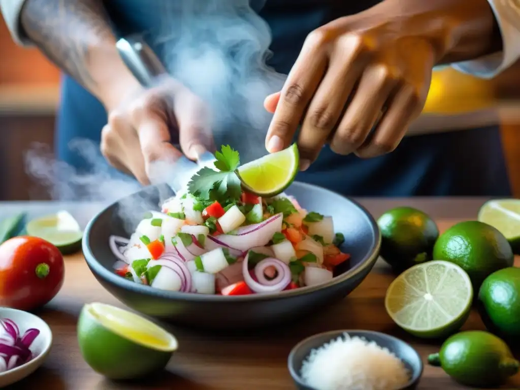 Un chef peruano prepara ceviche con destreza en una cocina vibrante