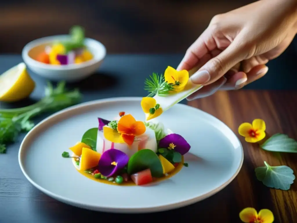 Chef peruano preparando ceviche con detalle, resaltando la importancia del emplatado en gastronomía