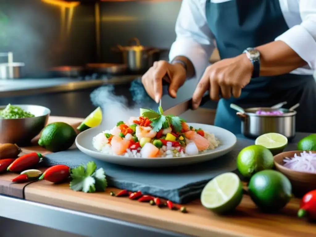 Chef peruano preparando ceviche con detalle en cocina vibrante