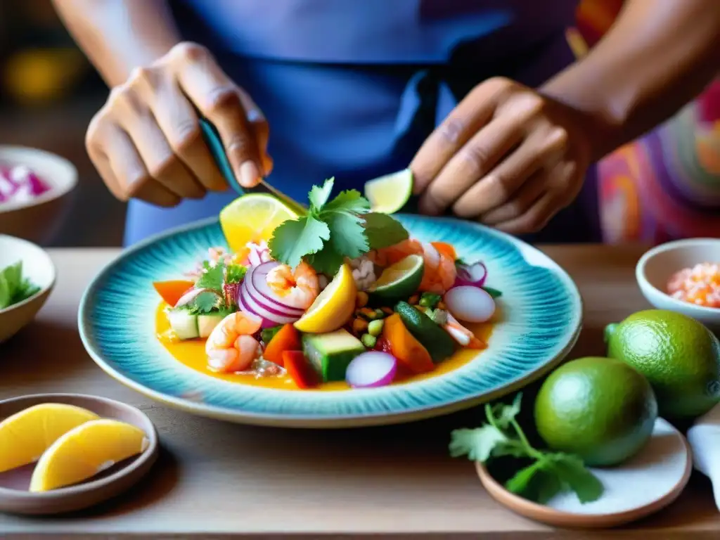Un chef peruano prepara ceviche en un entorno tradicional