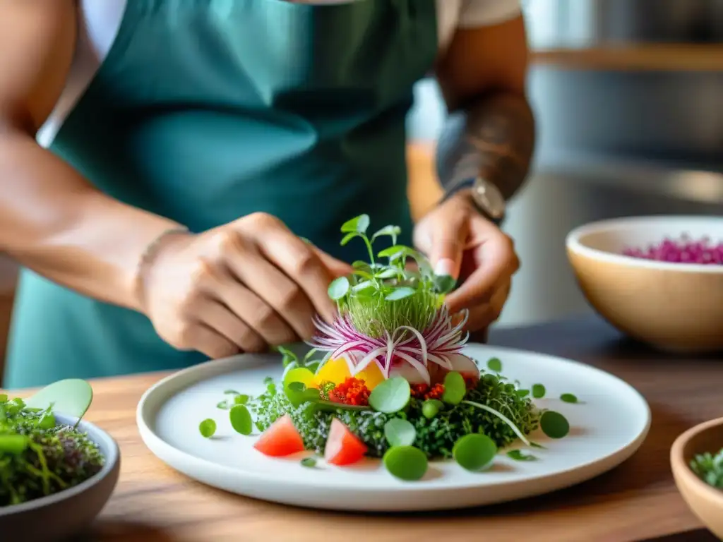 Un chef peruano adorna un ceviche con microgreens, creando una escena cultural auténtica