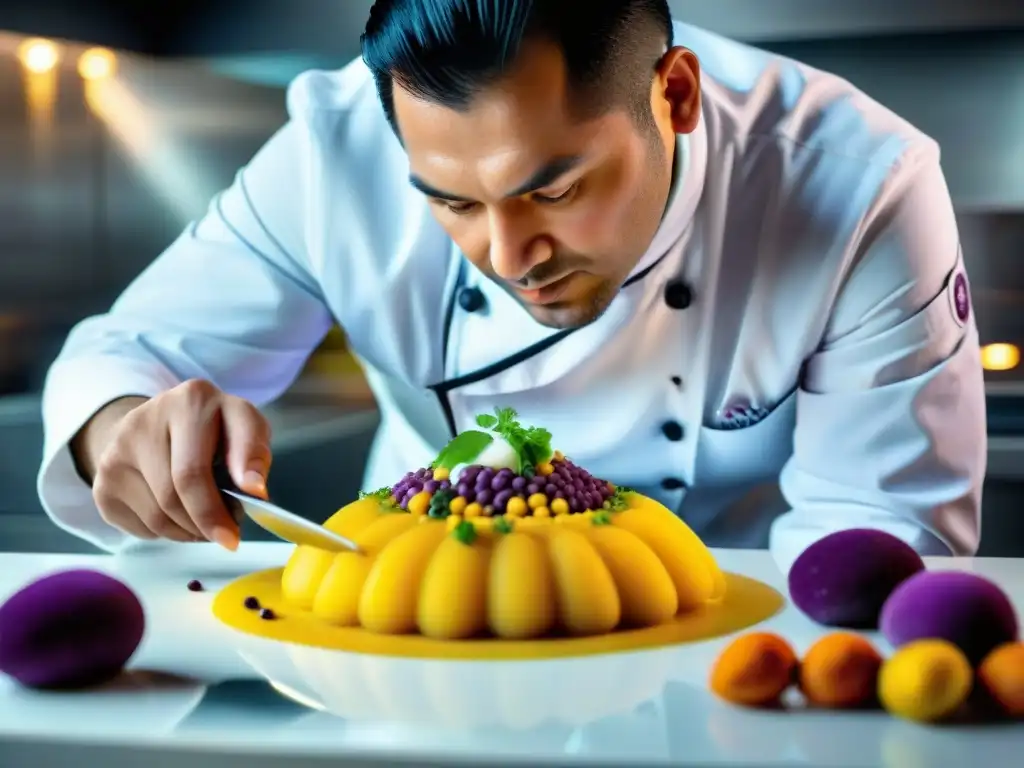 Un chef peruano prepara un ceviche con espuma de alginato en cocina de vanguardia usando hidrocoloides