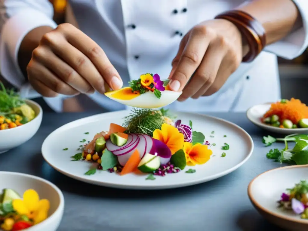 Un chef peruano crea un ceviche estético con precisión en un plato blanco