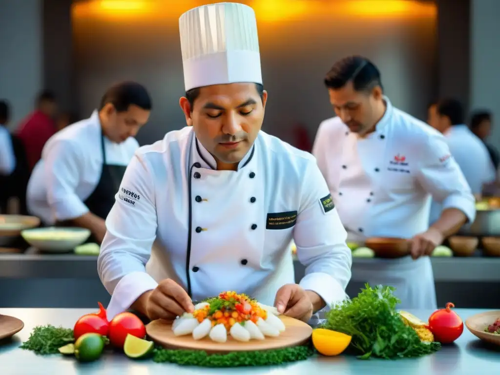 Un chef peruano preparando ceviche en un evento culinario internacional, destacando la gastronomía peruana en el mundo