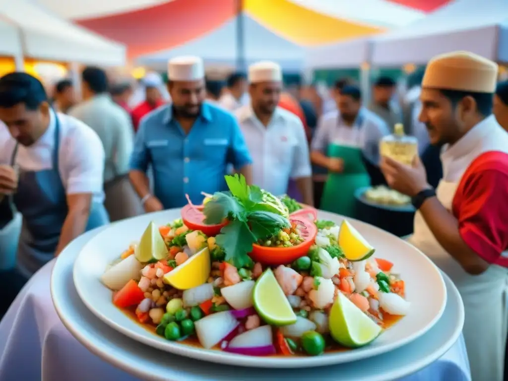 Chef peruano preparando ceviche en evento culinario internacional