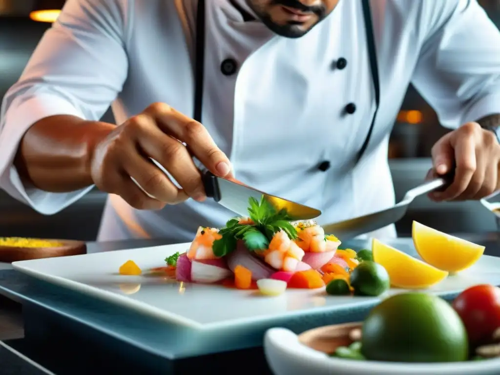 Un chef peruano hábil prepara ceviche con formas innovadoras de disfrutarlo