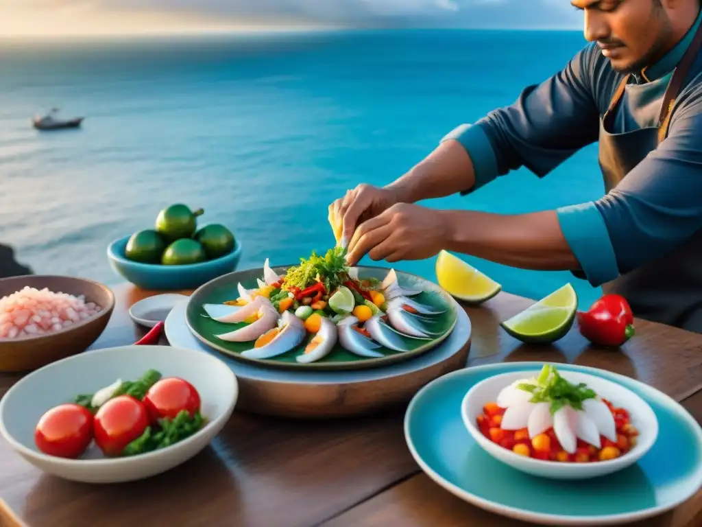 Un chef peruano prepara ceviche frente al mar al atardecer