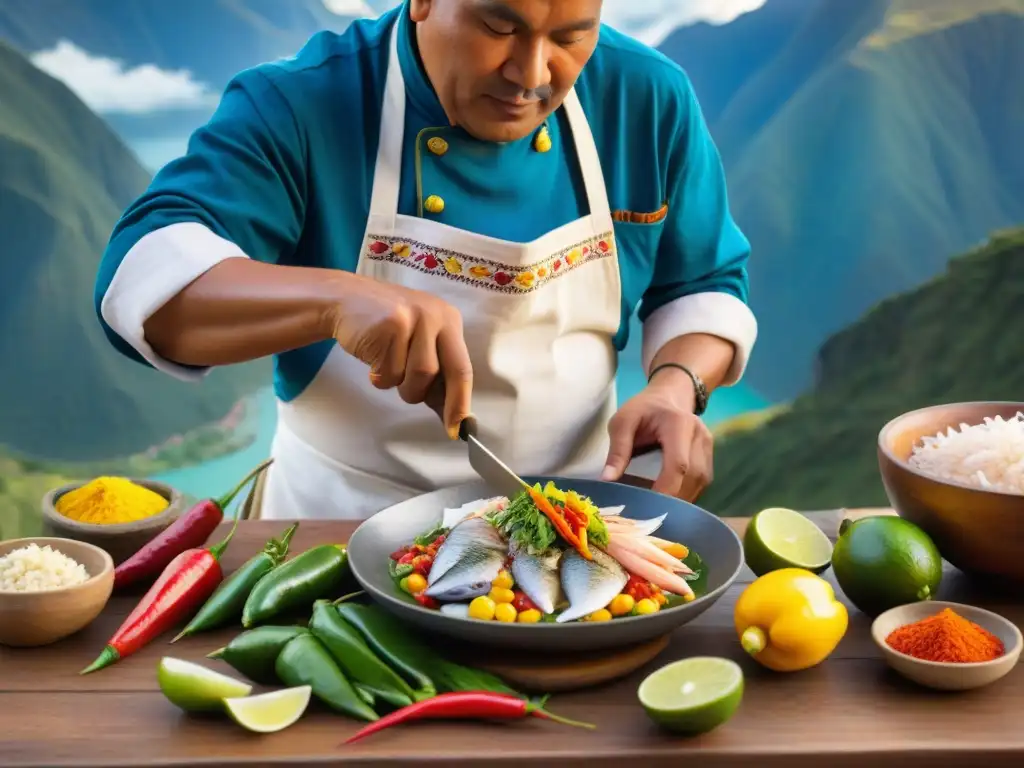 Un chef peruano preparando ceviche frente a los Andes, resaltando la gastronomía peruana platos tradicionales