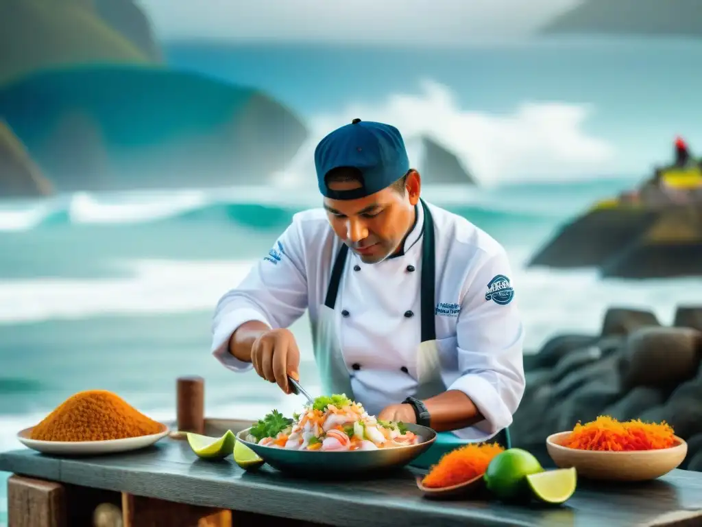 Un chef peruano preparando ceviche frente al mar: sabor auténtico ceviche peruano costa