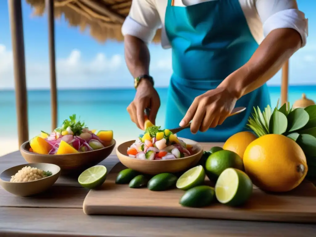 Un chef peruano preparando ceviche fresco en Máncora, rodeado de frutas tropicales