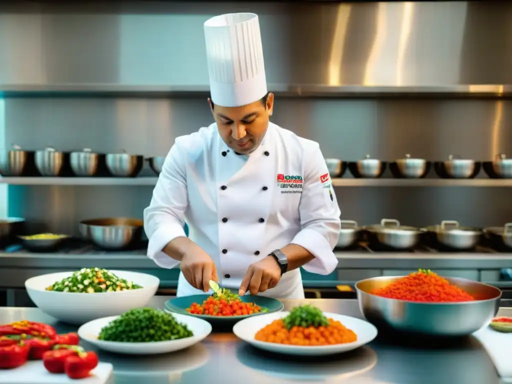 Un chef peruano preparando ceviche, destacando la gastronomía peruana en un bullicioso restaurante mundial