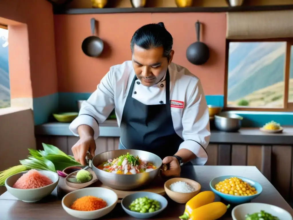 Chef peruano preparando ceviche con Gastronomía peruana tradicional en Huaraz