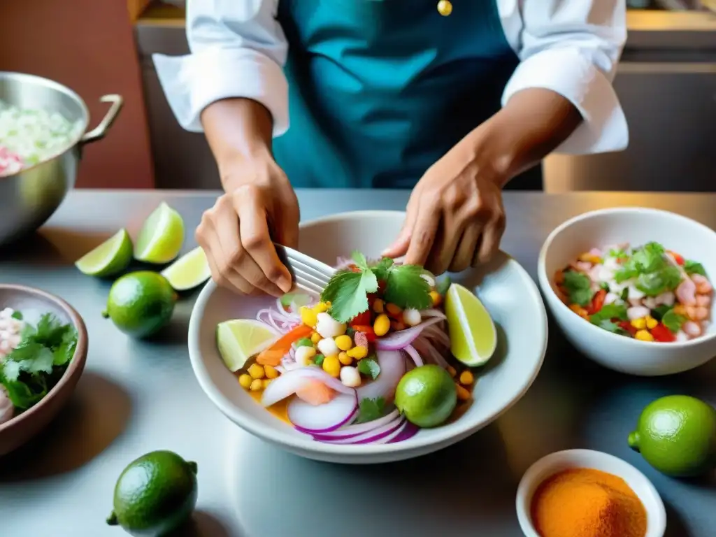 Un chef peruano preparando ceviche, historia fusión gastronómica peruana