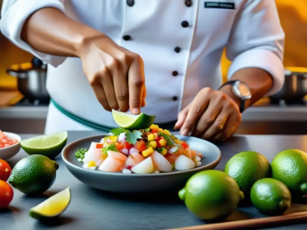 Maestro peruano preparando ceviche tradicional con maestría Un chef peruano preparando ceviche, mostrando la influencia de chefs peruanos en la gastronomía