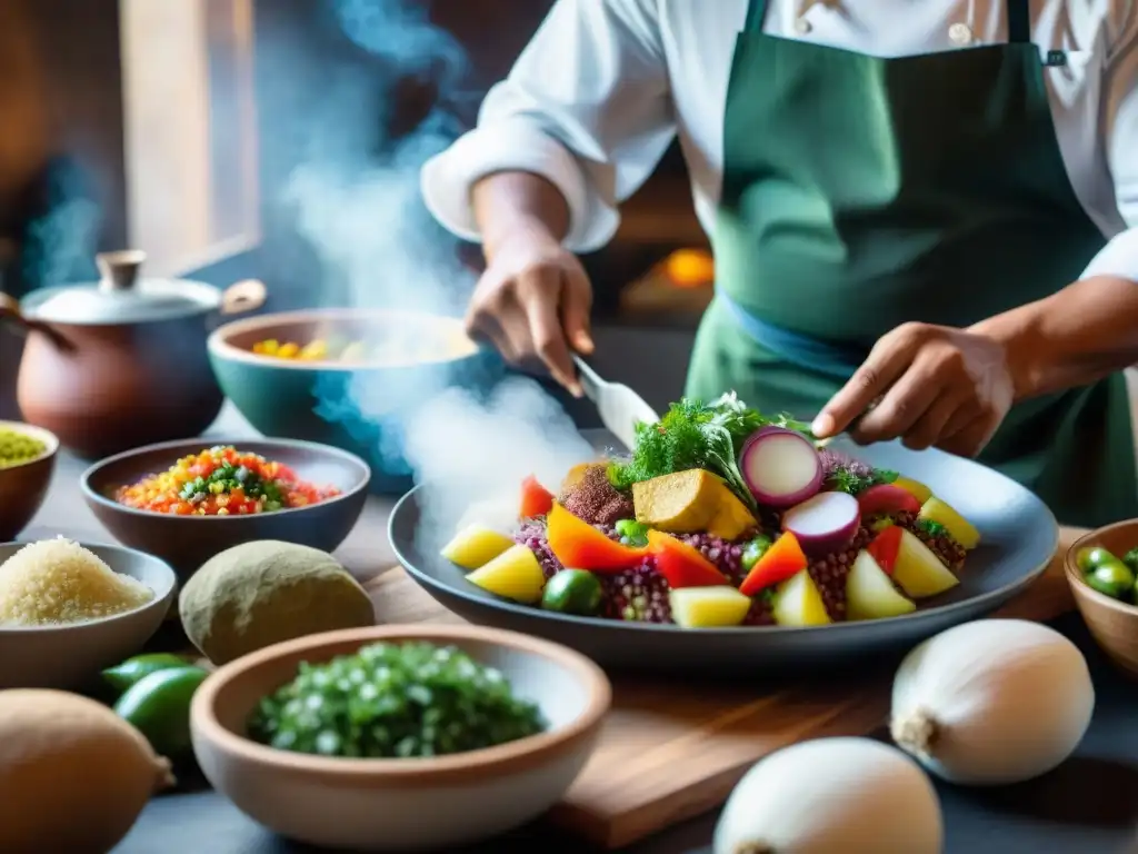 Un chef peruano preparando ceviche con influencia de ingredientes autóctonos en cocina andina