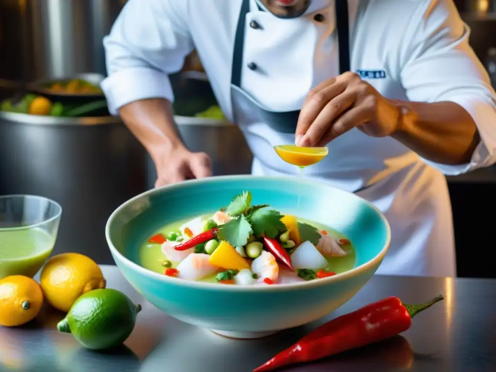 Chef peruano preparando ceviche con influencia de identidad cultural peruana, pisco y sabores vibrantes