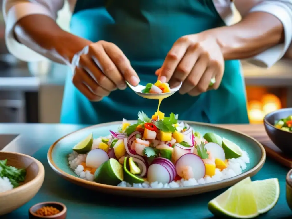 Un chef peruano prepara ceviche con influencia asiática en una cocina bulliciosa