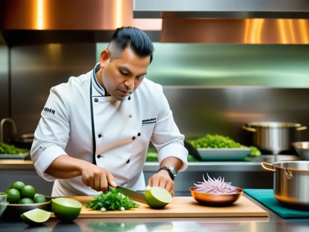 Chef peruano preparando ceviche con ingredientes autóctonos en estudio culinario moderno