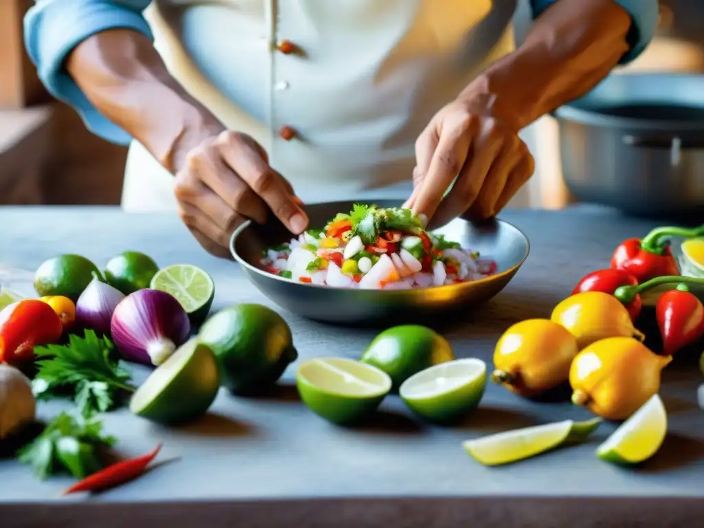 Chef peruano preparando ceviche con ingredientes frescos