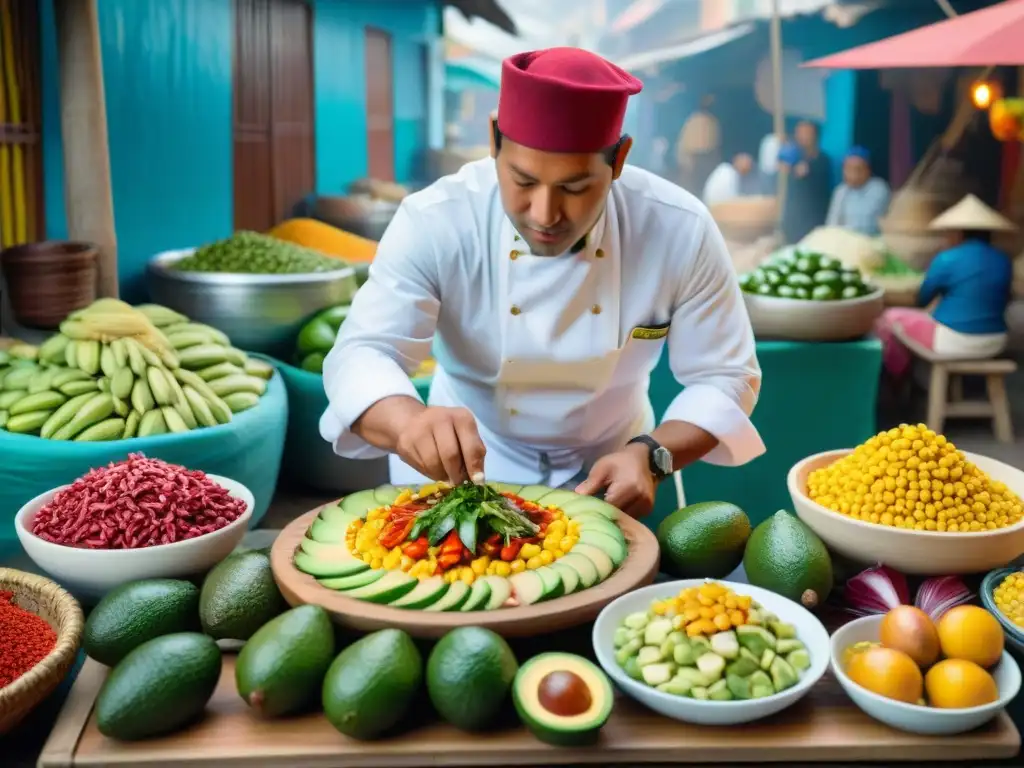 Chef peruano preparando ceviche con ingredientes autóctonos en mercado tradicional