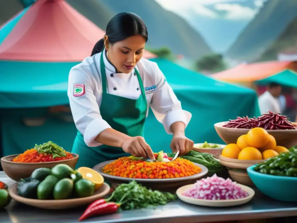 Un chef peruano preparando ceviche con ingredientes autóctonos en un mercado andino