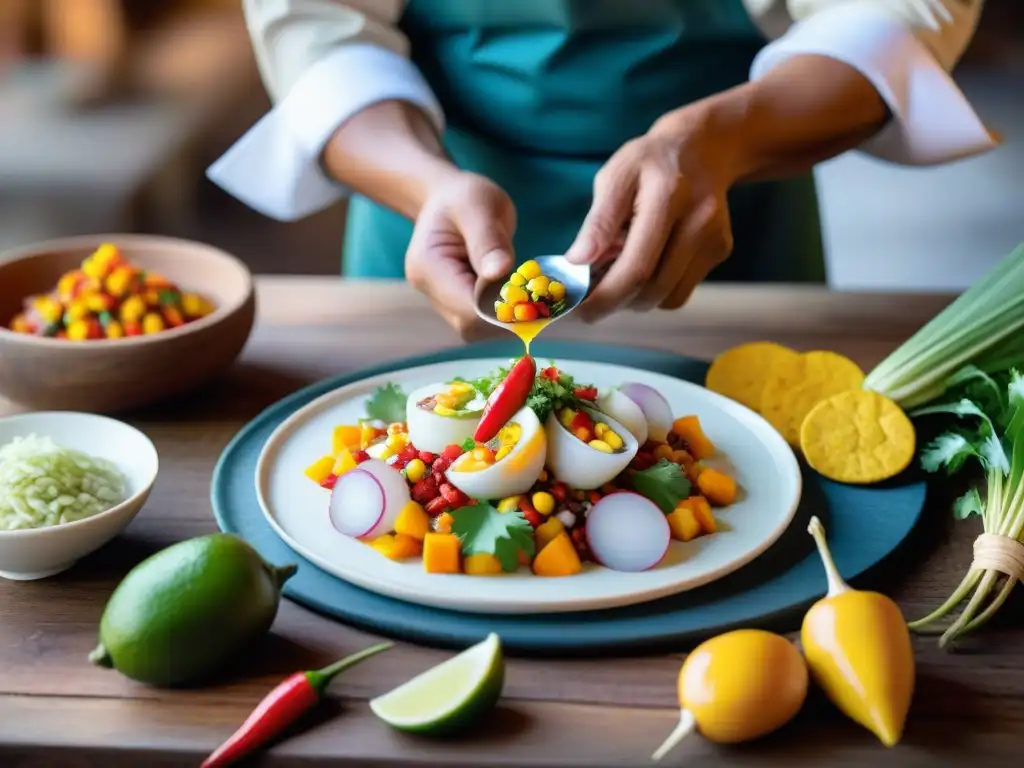 Un chef peruano preparando ceviche con ingredientes autóctonos, reflejando la maestría culinaria y la riqueza cultural de la gastronomía peruana