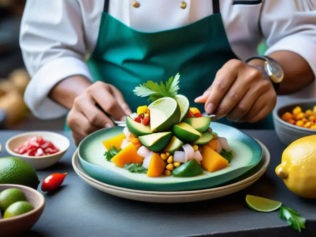 Un chef peruano preparando ceviche con ingredientes autóctonos en un mercado de Lima