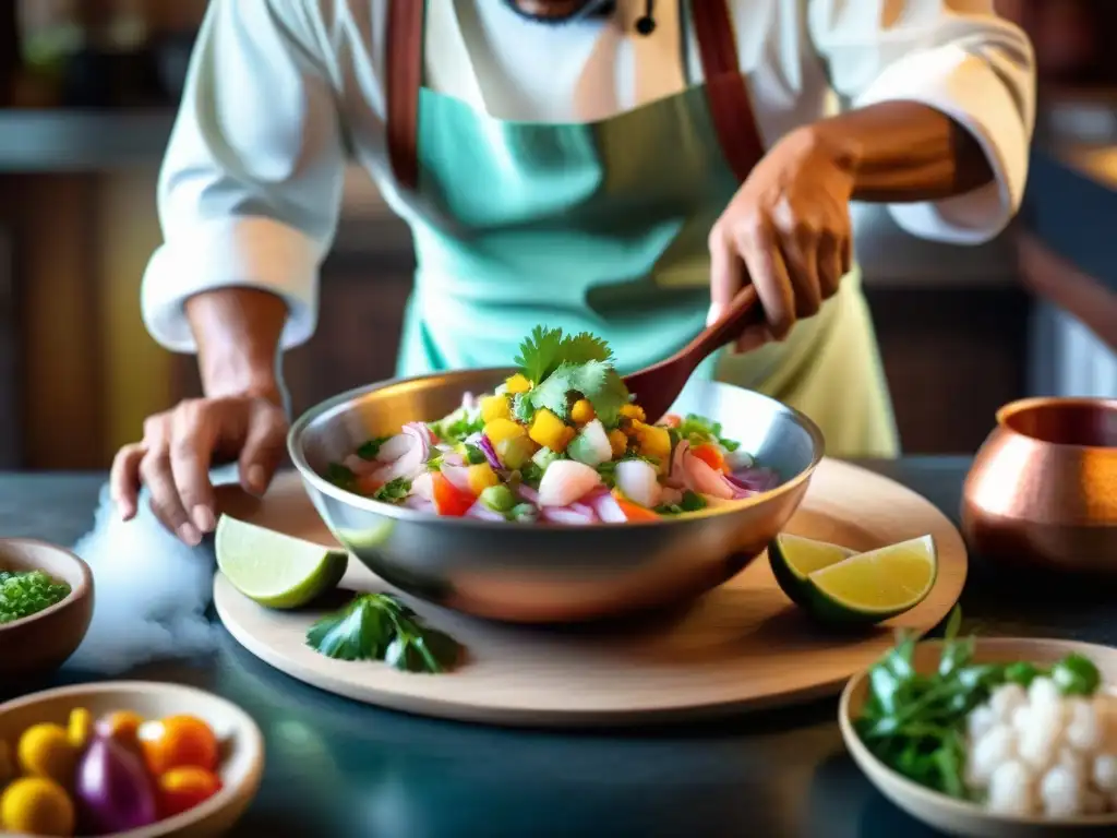 Un chef peruano prepara ceviche con ingredientes frescos en talleres privados de gastronomía peruana