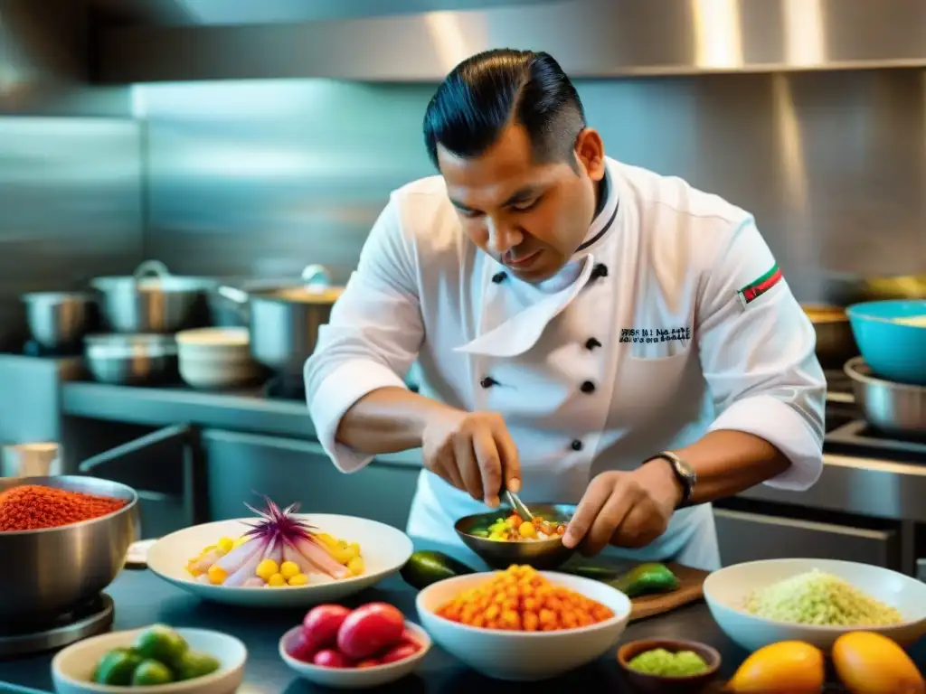 Un chef peruano preparando ceviche con ingredientes tradicionales, en una cocina colorida y auténtica