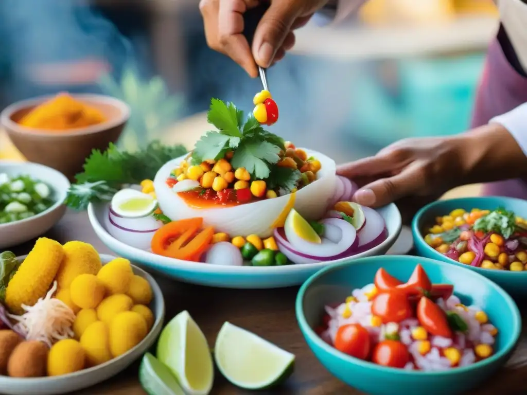 Un chef peruano prepara ceviche con ingredientes autóctonos en un mercado vibrante