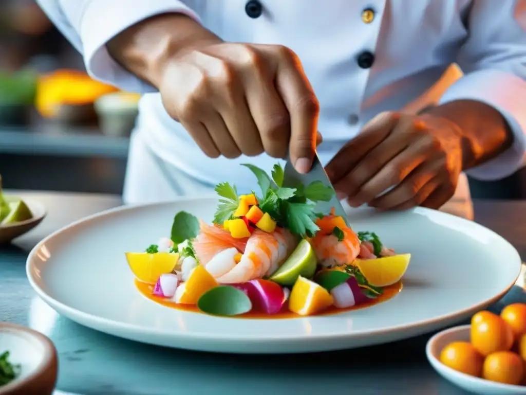 Un chef peruano hábil preparando ceviche con ingredientes frescos y vibrantes en un plato blanco