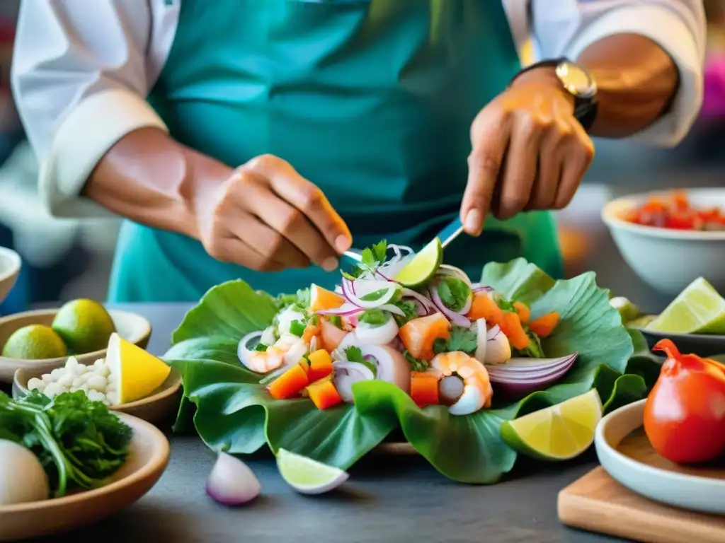 Un chef peruano preparando ceviche con ingredientes frescos en un mercado de Lima