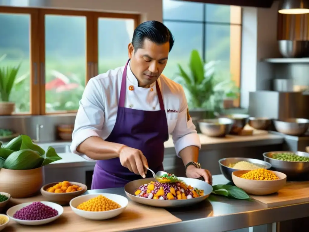 Un chef peruano preparando ceviche con ingredientes autóctonos en una cocina vibrante