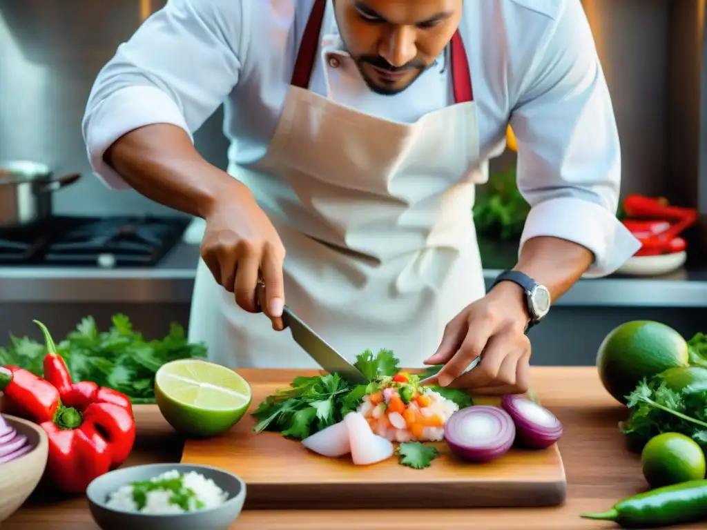 Un chef peruano prepara ceviche, con ingredientes vibrantes y utensilios tradicionales