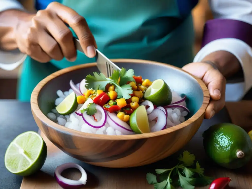 Un chef peruano prepara ceviche con ingredientes autóctonos, mostrando frescura y tradición en un mercado peruano