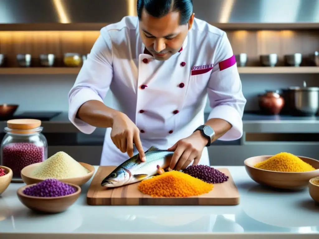 Chef peruano preparando ceviche con ingredientes autóctonos en cocina moderna