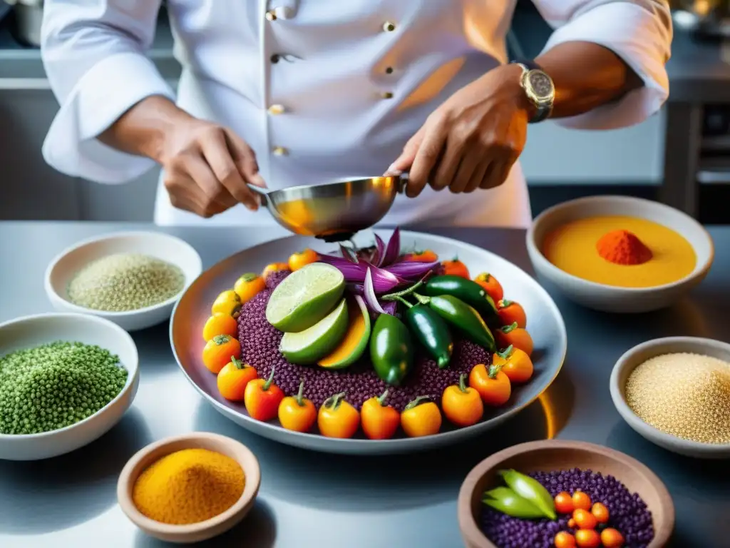 Un chef peruano preparando ceviche con ingredientes autóctonos en una cocina vibrante