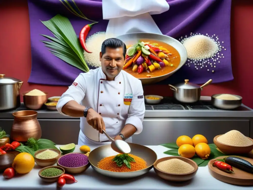 Un chef peruano preparando ceviche con ingredientes vibrantes