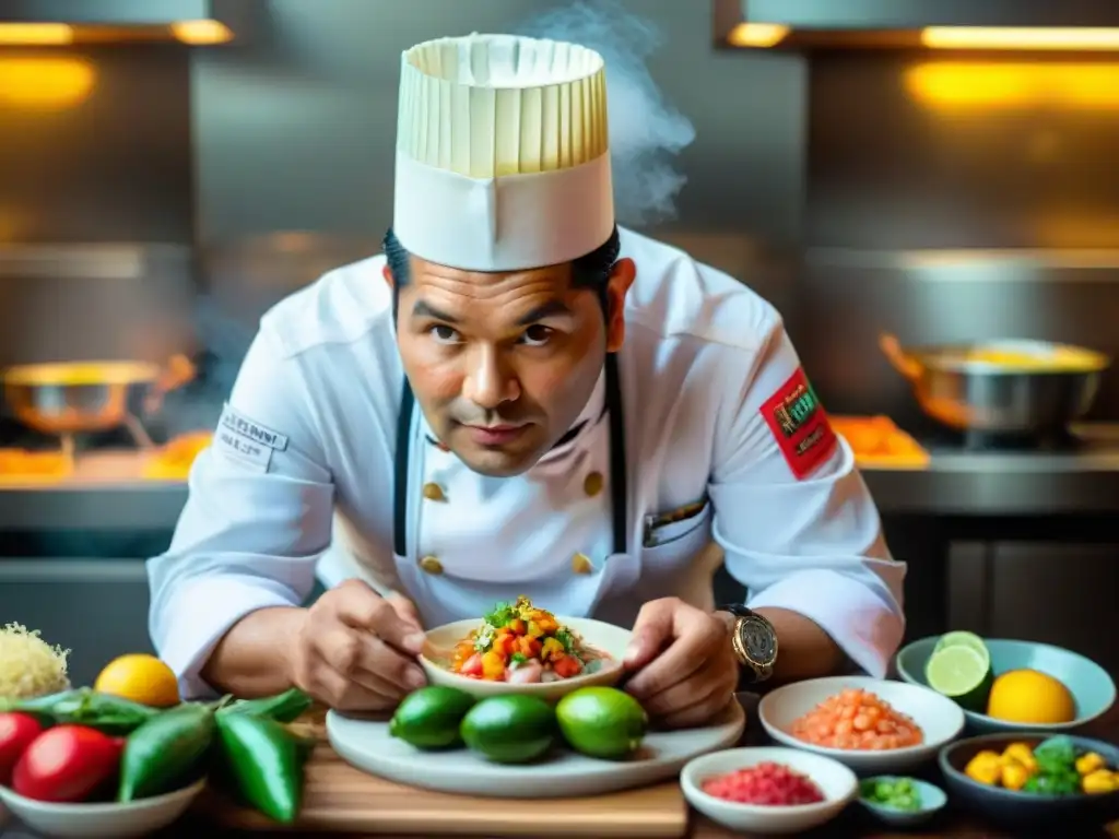 Chef peruano preparando un ceviche con ingredientes autóctonos en Quimera